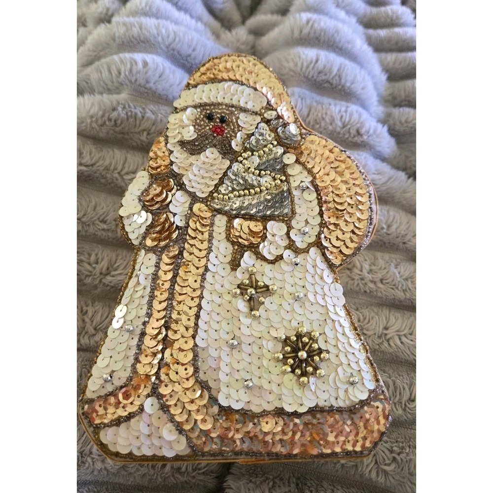 Gold Sequined & Beaded Santa Trinket/Present Box Decor Nostalgia Christmas